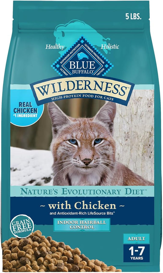 Blue Buffalo Wilderness High Protein Indoor Hairball Control Chicken Dry Cat Food for Adult Cats, Grain-Free, 5 lb. Bag