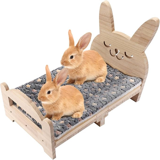 Large Wooden Rabbit Bed - Easy Assemble 20.4"x12.8" Pet Bed with Support Structure & Removable Cushion for Rabbits, Guinea Pigs, Kittens & Small Animals - Cozy Sleeping Habitat