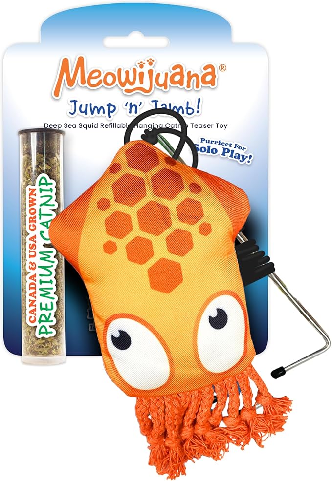 Meowijuana Jump 'n' Jamb Door Hanging Cat Toy | Deep Sea Squid | Refillable Interactive Catnip Toy | Promotes Play and Cat Health | Includes Potent Catnip Grown in North America