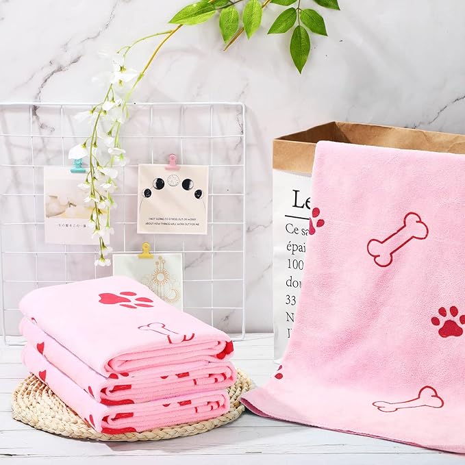Chumia 4 Pcs Dog Towels for Drying Dog Puppy Bulk Microfiber Absorbent Paw Towel Pet Bathing Supplies Quick Drying for Medium Cats Pets Shower(24 x 40 Inch,Pink)