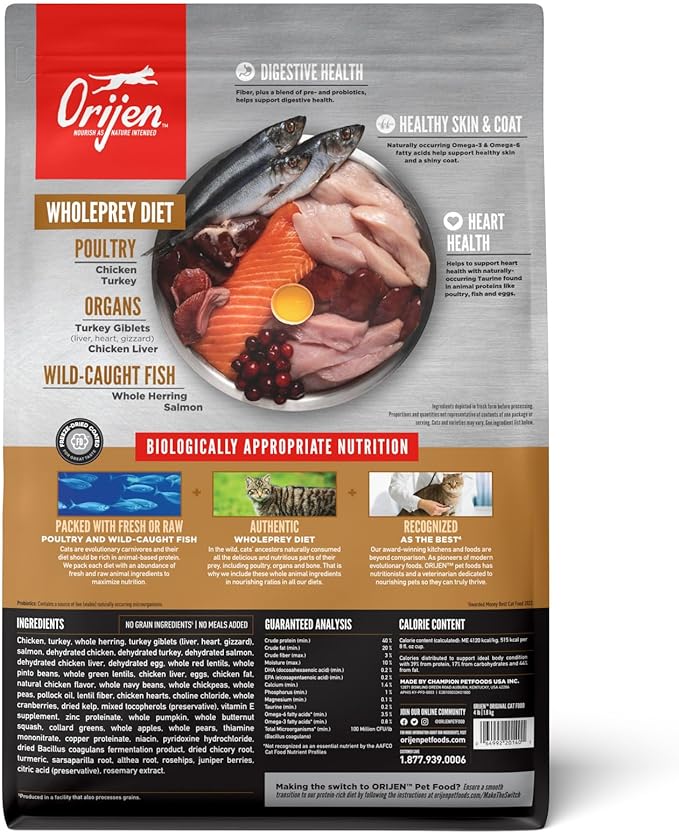 ORIJEN Grain Free High Protein Premium Dry Cat Food Original Recipe 4lb Bag