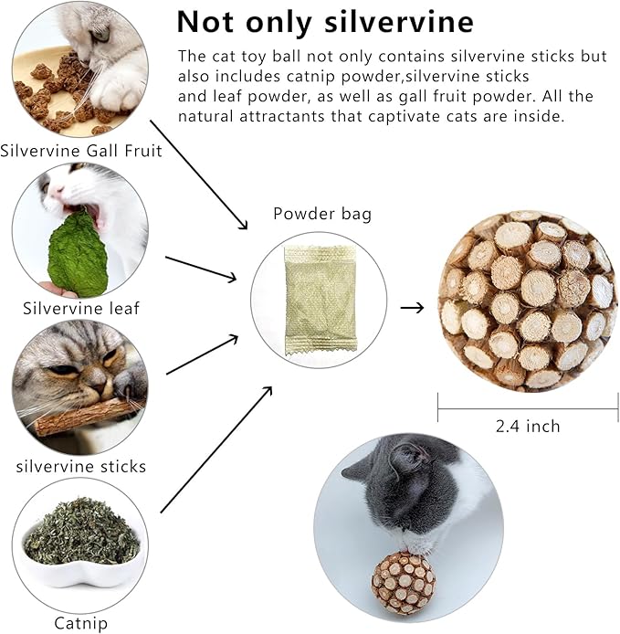 3PCS Cat Ball Toy,Silvervine Ball with Catnip Gall Fruit silvervine Sticks Powder Inside,Catnip Toys for Indoor Cats,Kitten Cleaning Teeth Cat Chew Toy