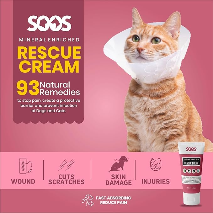Soos Pets Pet Rescue Cream for Dogs and Cats | Natural Dead Sea Mineral Enriched | Fast Absorbing Reduce Pain | Topical Treatment of Injuries Cuts Sores Wounds Scratches Damaged Skin - 50ml