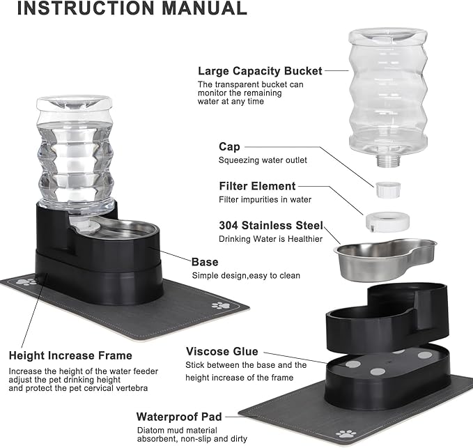 RIZZARI Automatic Cat Water Dispenser: Black 7L Elevated Fountain - Stainless Steel Gravity Feeder - Splash Guard Mat