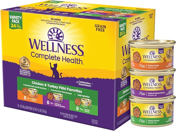 Wellness Complete Health Pate Adult Wet Cat Food, Natural, Protein-Rich, Grain-Free, 3 Ounce, 24 Pack, (Chicken & Turkey Variety Pack)