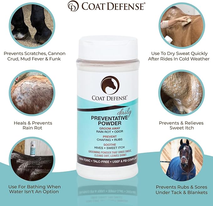 COAT DEFENSE Daily Grooming Powder for Horses | Dry Shampoo with Natural Ingredients | 64 oz Formula for Fresh, Healthy-Looking Coat