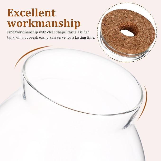 Desktop Fish Bowl Clear Glass Small Betta Fish Tank with Wood Lid and Bamboo Stand Table Hydroponic Plants Terrarium for Home Office Decoration 13 * 14cm