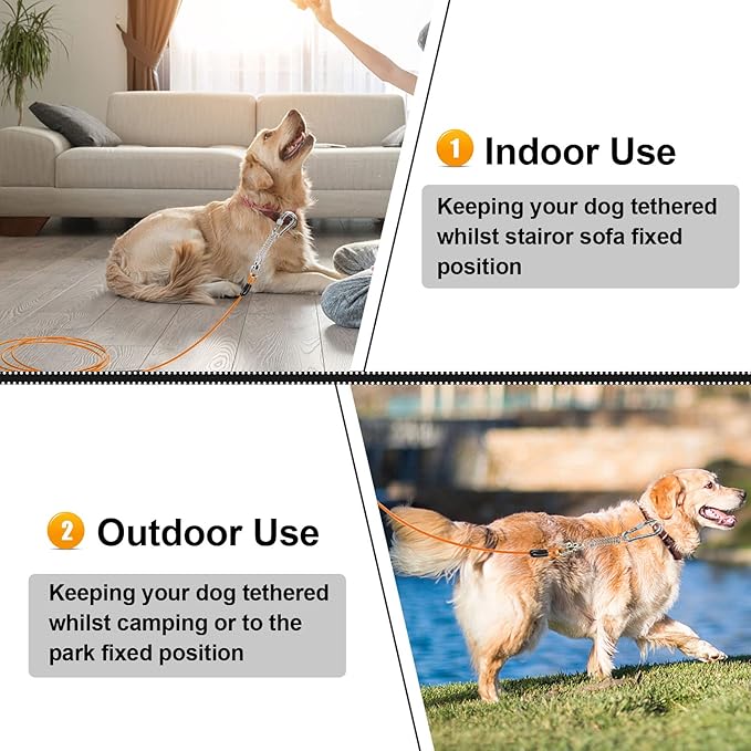 jenico Dog Tie Out Cable - 25ft Dog Lead for Yard - Heavy Duty Dog Chain with Shock Spring - Outdoor Tether Leash for Small Large Dogs Up to 500 lbs