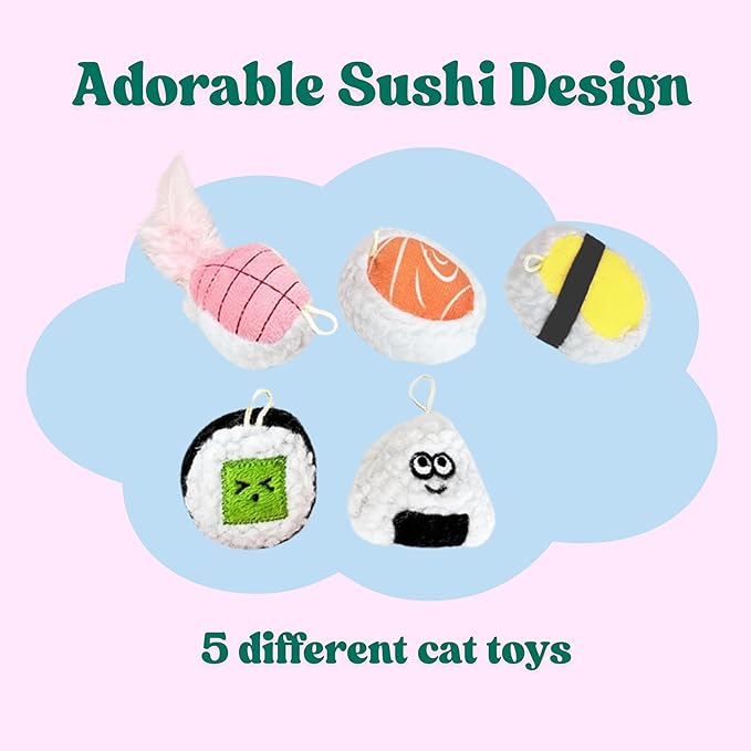 5 Pack Sushi Cat Toys, Interactive Catnip with Bells Inside Kitten Boredom Relief, Soft and Durable, Indoor Kitty Exercise Pet Toys
