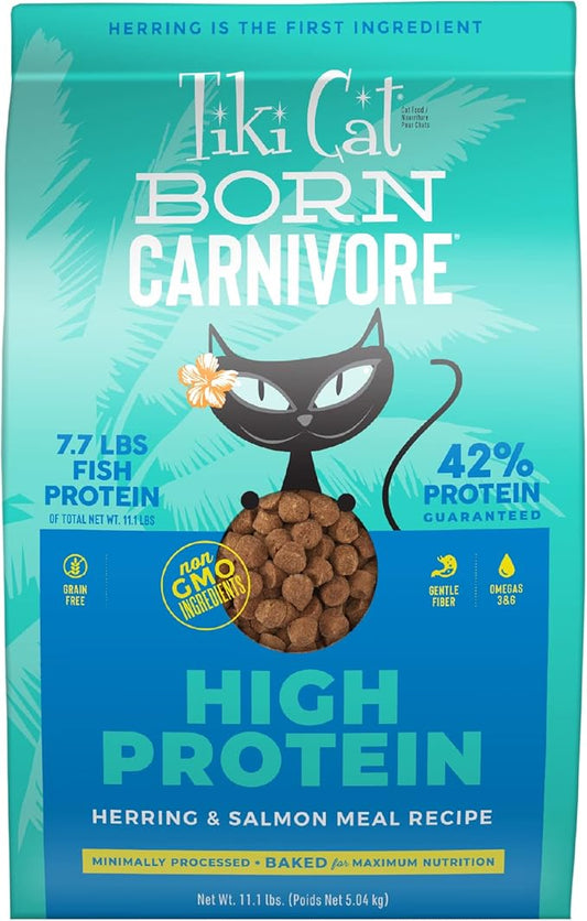 Tiki Cat Born Carnivore High Protein Dry Cat Food, Herring & Salmon Meal, 11.1 lbs. Bag