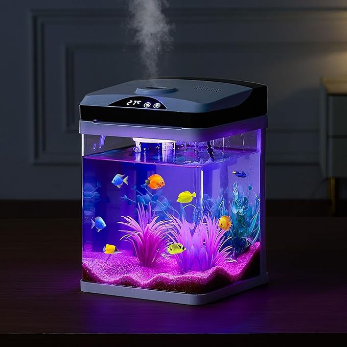 VEVOR Fish Tank Aquarium, 2 Gallon LED Square Ultra-Clear Glass Tank Temperature Monitoring Adjustable 7 Color Lighting, Self Cleaning System Fishbowl for Freshwater & Saltwater Fish Home,Office,Pet
