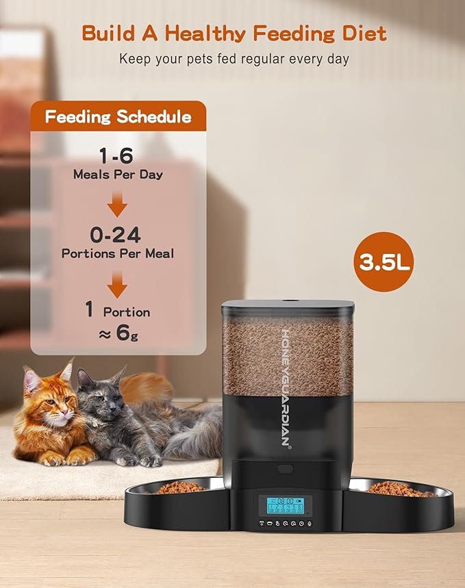 HoneyGuaridan 3.5L Automatic Cat Feeder for Two Cats, Food Dispenser with Stainless Steel Bowl,Timed Cat Feeder Programmable 1-6 Meals Control, Dual Power Supply,10s Meal Call Black