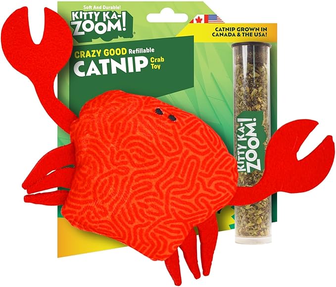 ZOOMIE Crab - Refillable Catnip Toy + Catnip | High Potency Hand Harvested Fresh | Soft Plush for Engaging Play