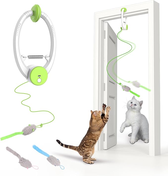 Interactive Cat Toys Rechargeable, Feather Toy for Indoor Cat, Hanging Retractable Teaser Toy, Automatic Kitten Play Chase Exercise Toys with Three Plush Mouse, USB Powered (Green)