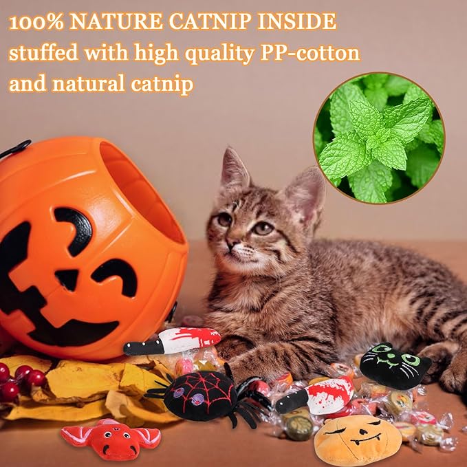 LOMIMOS 6Pcs Halloween Catnip Toys,Cat Toys Chew Bite Plush Toy with Crinkle Paper Kitten Pumpkin Spider Bat Knife for Indoor Interactive Play & Exercise