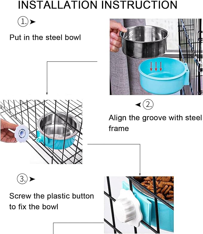 HERCOCCI Dog Crate Bowl, Removable Stainless Steel Pet Kennel Cage Hanging Food Bowls and Water Feeder Coop Cup Prevent Overflow for Puppy, Medium Dog, Cat, Rabbit, Ferret