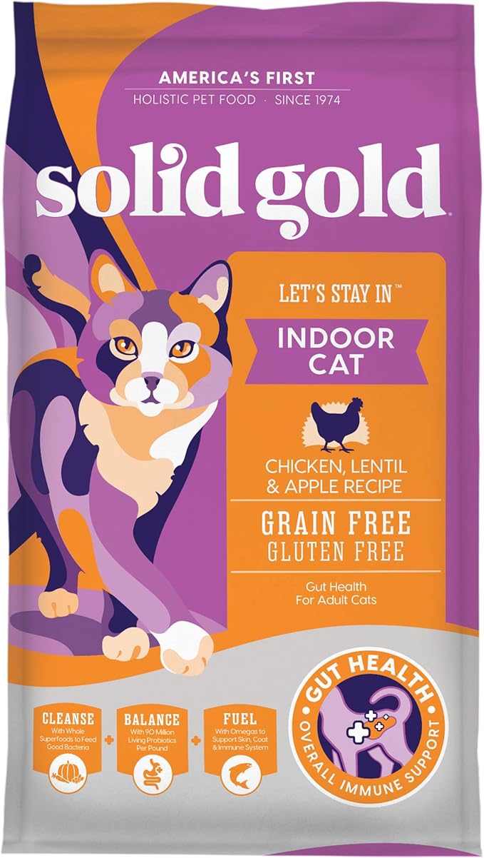 Solid Gold Indoor Dry Cat Food - Grain Free & Gluten Free - Chicken Cat Food Dry Kibble for Indoor Cats w/Probiotics & Fiber for Gut Health - Sensitive Stomach & Hairball Support for Adult Cats -12LB