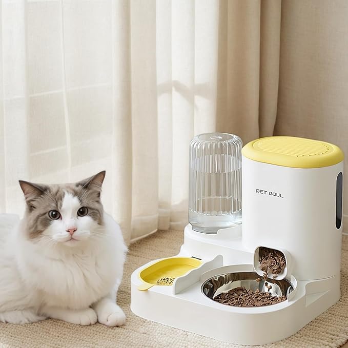 Automatic Cat Feeder & Water Dispenser - Dual Container for Dry/Wet Food, Two-in-One Upgraded Gravity Feeder and Water Dispenser Combo Set for Cats and Dogs.(Yellow)