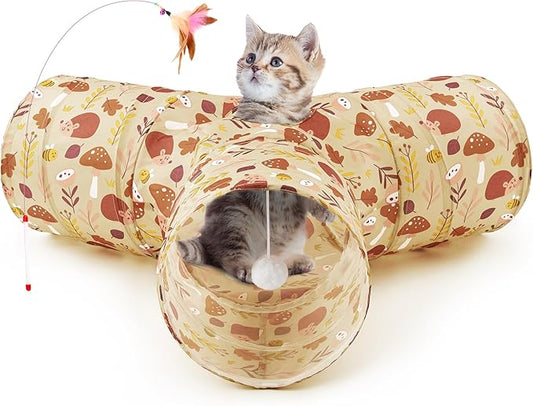Tempcore Pet Cat Tunnel Tube Cat Toys 3 Way Collapsible, Cat Tunnels for Indoor Cats，Kitty Tunnel Bored Pet Toys Peek Hole Toy Ball Puppy, Kitty, Kitten, Rabbit Khaki Hedgehog