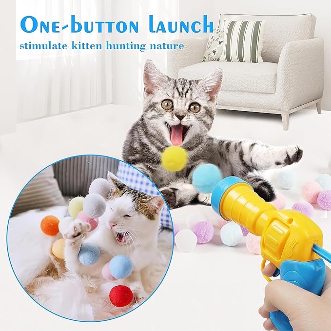 Mewlmart Interactive Cat Toys Cat Ball Launchers Enrichment Toys Pom Pom Balls50 Balls 1.2IN