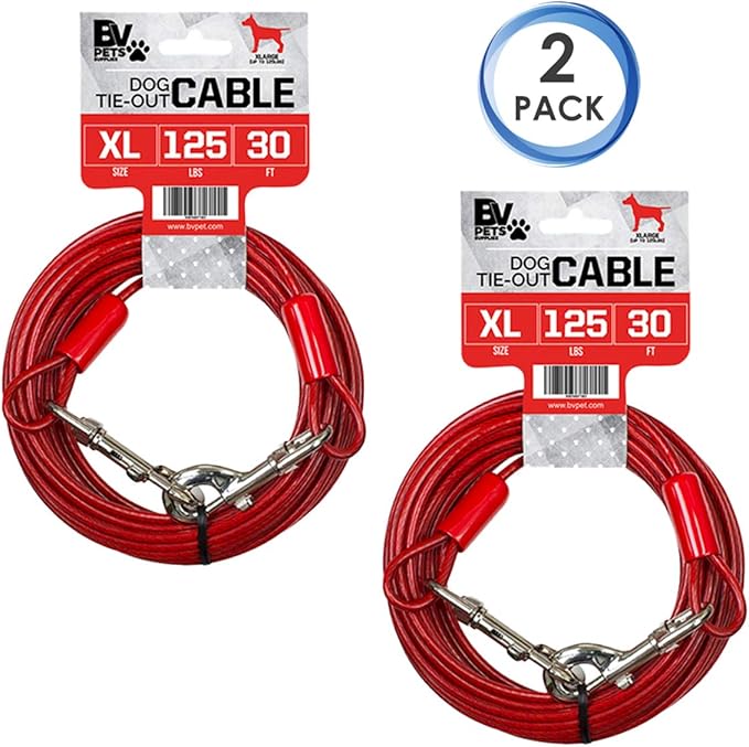BV Dog Tie Out Cable 30 Feet - Heavy Duty Dog Lead Up to 125 Pounds - Reflective & Rust-Free with Quick Release Swivel Clips & 360° Rotating Clasp - Tangle-Free Dogs Runner for Yard (Red, Pair)