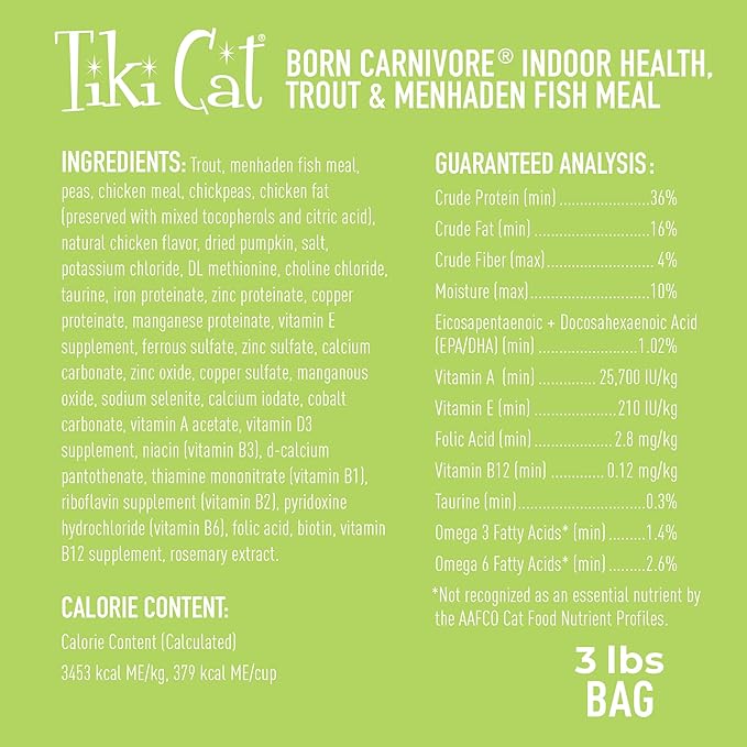 Tiki Cat Born Carnivore Indoor Health Dry Cat Food, Trout & Menhaden Fish Meal, 3 lbs. Bag
