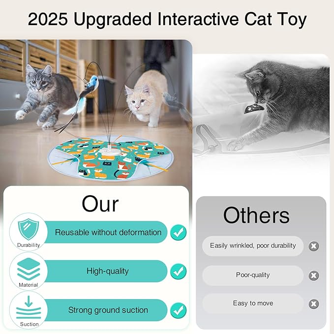Interactive Cat Toys, 2025 Upgraded Automatic Cat Toy for Indoor Cat, Kitten Toys for Bored Indoor Adult Cats, Hide and Seek Cat Toy with Moving Feather, USB Rechargeable