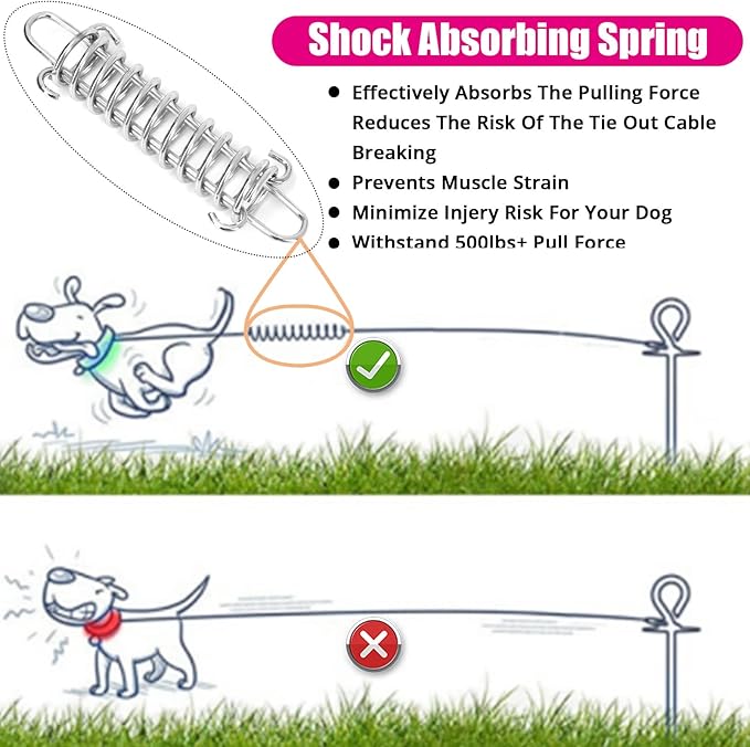 Jenico Dog Tie Out Cable, 10-150FT Runner Cable with Swivel Hook and Shock Spring, Yard and Camping Dog Leash Tether for Small to Medium Pets Up to 500 LBS