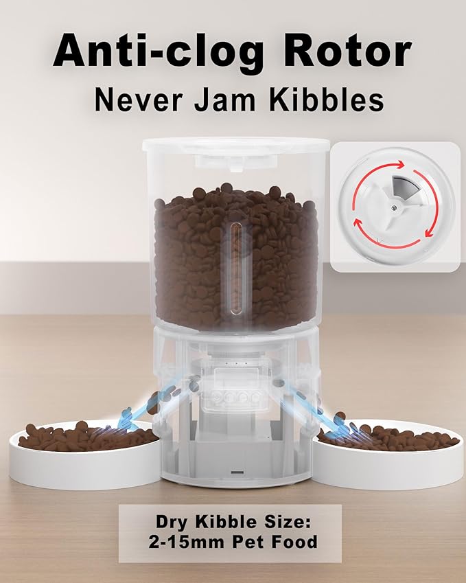 Automatic Dual Cats Feeder for 2 Cats,6 Meals/Day,12 Portions/Meal,Dual Power Auto Pet Feeder Dry Food Dispenser,Flexible Schedule Timer 10S Voice Record (White, ABS Dual Bowls)