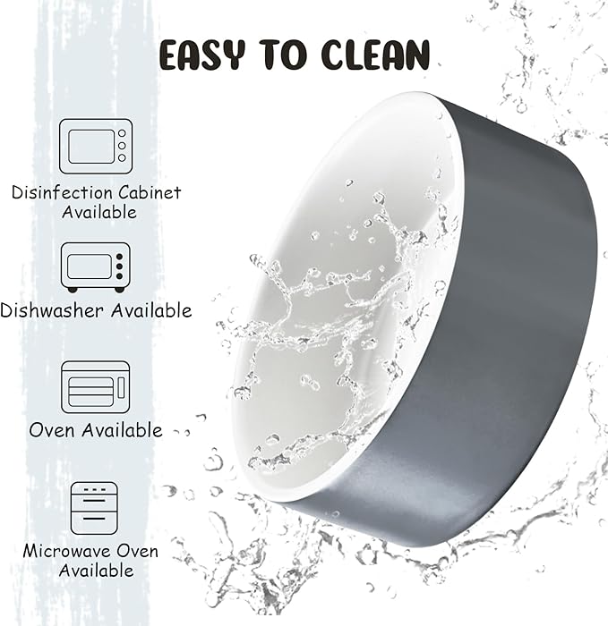 SPUNKYJUNKY 15° Slanted Ceramic Dog and Cat Bowl with Wooden Stand, Tilted Bulldog Food and Water Bowl No Slip Non-Spill for Cats Medium Dogs Big Face Pets 13.5 OZ (1.7 Cups, White-Grey × 2)