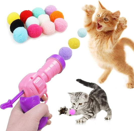Mewlmart Interactive Cat Toys for Indoor Cats Pink Cat Pom Pom Balls Plush Ball Launcher Cat Fetch Toy Enrichment Toys 30 Balls