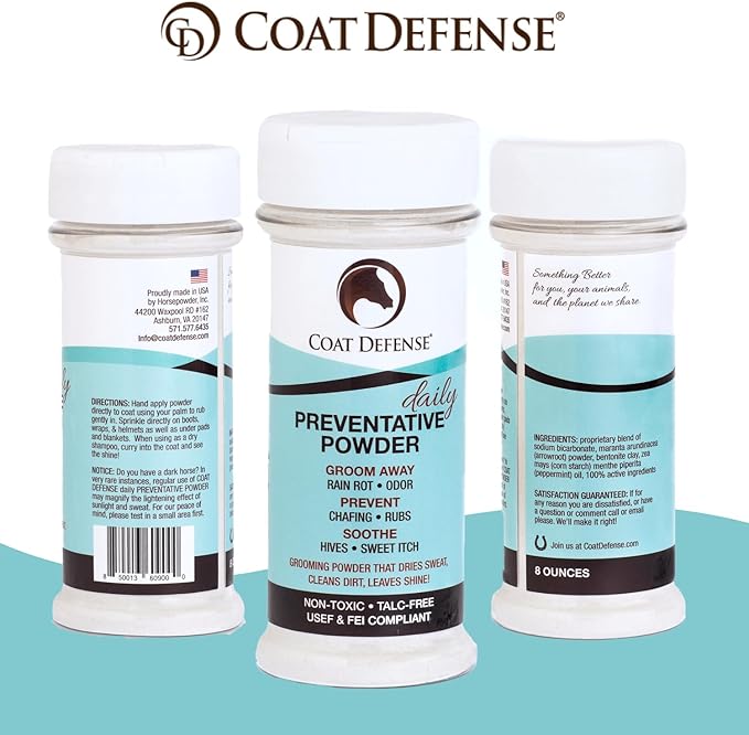 Coat Defense Daily Preventative Powder for Horses - Safe & Effective Equine Sweet Itch, Skin Funk, Scratches, & Rain Rot Treatment - Dry Shampoo for Horses, 8 oz Formula with All Natural Ingredients