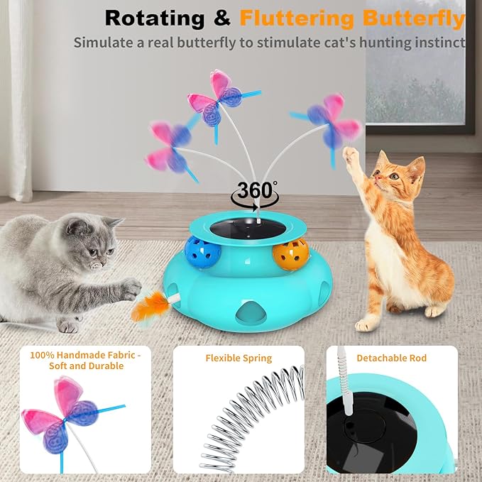 Interactive Cat Toys for Indoor Cats, 3in1 Pet Teaser Toy with Ambush Feather Wand, Fluttering Butterfly and Track Balls, Touch Activated Automatic Kitten Rechargeable Toys