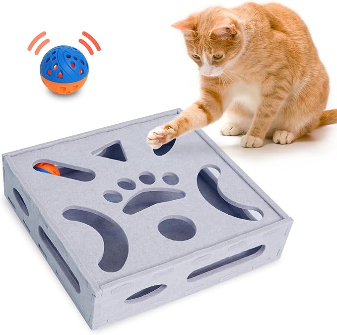 PETKARAY Felt Cat Puzzle Toy, Interactive Cat Toys for Indoor Cats, Interactive Maze for Kitten Felt Puzzle Box with Ball, Grey