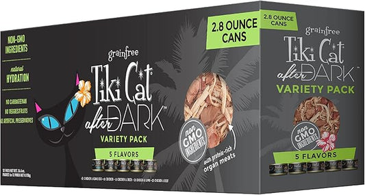 Tiki Cat After Dark, Variety Pack, High-Protein and 100% Non-GMO Ingredients, Wet Cat Food for Adult Cats, 2.8 oz. Cans (Pack of 12)