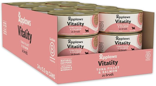 Applaws Vitality Wet Cat Food in Broth, Natural Canned Cat Food, Wet Food for Cats with Added Vitamins and Minerals, Grain and Carrageenan Free, Tuna Fillet & Salmon in Broth (24 Count, 5.5oz Cans)
