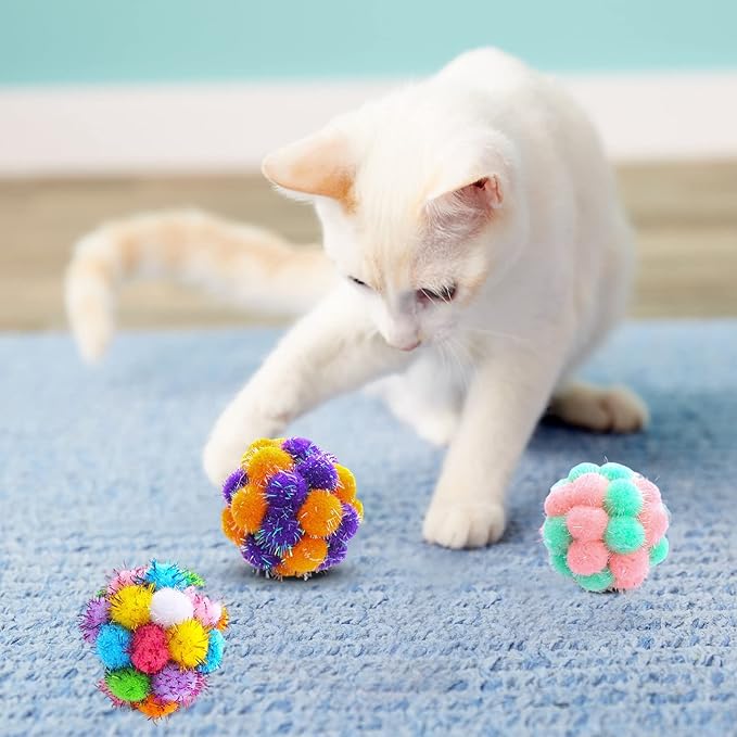 TUSATIY Cat Toys Ball with Bells 3PCS, Color Cat Pom Pom Balls,Tinsel Sparkle Balls,Interactive Toy for Indoor Cats Kitten
