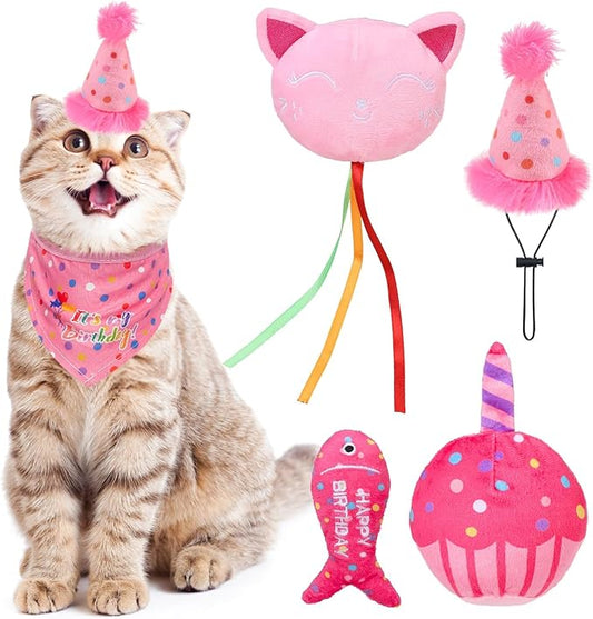 BINGPET Catnip Toys for Indoor Cats, Cat Birthday Hat and Interactive Plush Kitten Chew Toys - Cute Cake, Fish, Balloon Toys with Crinkle Paper and Catnip Inside Pink