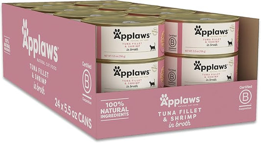 Applaws Natural Wet Cat Food, 24 Count, Limited Ingredient Canned Wet Cat Food, Tuna Fillet with Shrimp in Broth, 5.5oz Cans