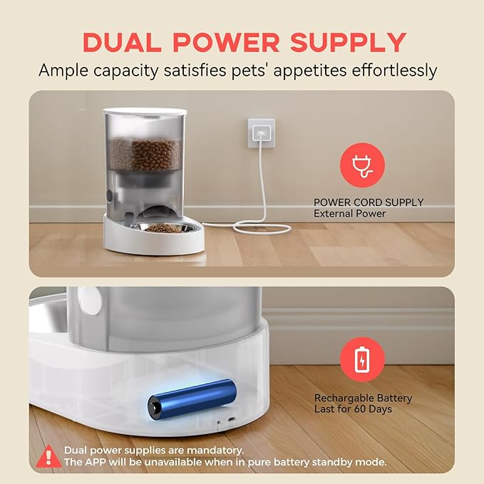 PAPIFEED Automatic Cat Feeder, 4L Auto Dog Cat Feeder with Rechargeable Battery & Dual-Band WiFi (2.4G & 5G), Automatic Pet Food Dispenser for Outdoor Travel Home - Ceramic Bowl Included
