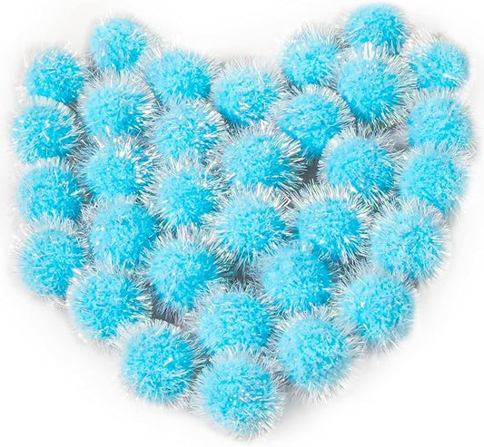 VAPKER 30 Pcs Cat Ball Toys Sparkle Balls Extra Large 2 Inch Cat's Favorite Chase Glitter Ball Glitter Tinsel Pom Poms Balls Light Blue Color