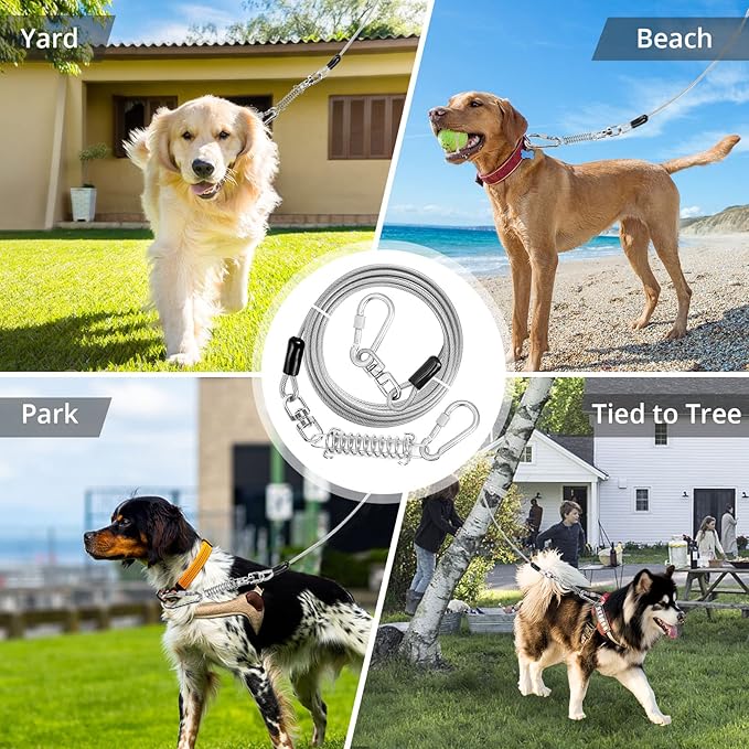 Jenico Dog Tie Out Cable, 10-150FT Runner Cable with Swivel Hook and Shock Spring, Outdoor Dog Leash Tether for Small to Medium Pets Up to 500 LBS