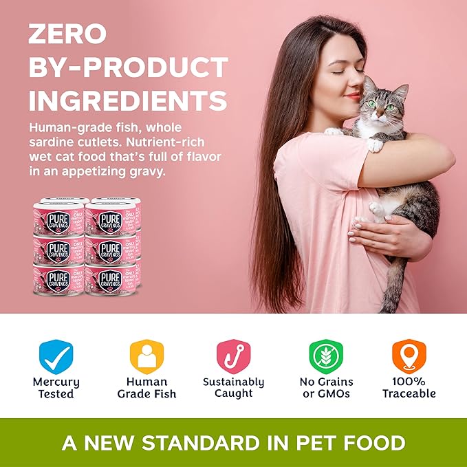 Wet Cat Food Canned Salmon Cutlets in Gravy, 100% Mercury-Tested, Moist Can Fish for Cats, Grain-Free, Protein, Non-GMO, Pack of 12