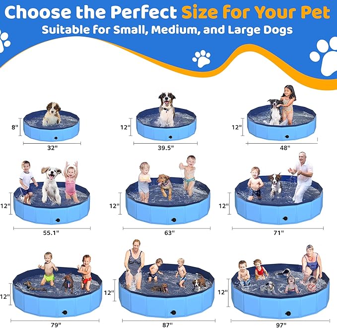79" x 12" Foldable Dog Pool - Collapsible Hard Plastic Kiddie Pool for Dogs & Kids, Non-Slip Pet Bath Tub for Outdoor Backyard Use, Lightweight & Portable (Blue)