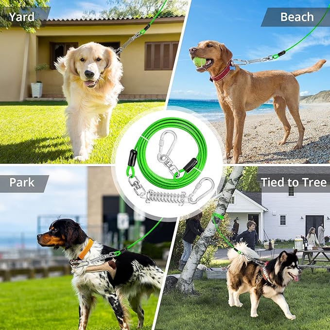 Jenico Dog Tie Out Cable, 10-150FT Runner Cable with Swivel Hook and Shock Spring, Yard and Camping Dog Leash Tether for Small to Medium Pets Up to 500 LBS
