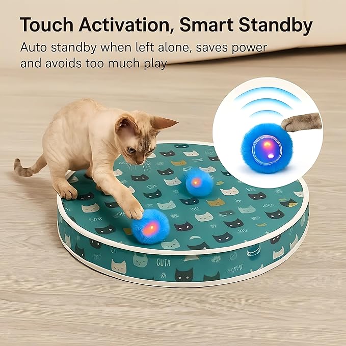 Interactive Cat Toys, Play Mat with Automatic Motion Balls, LED Lights, Bird Chirping Sound, 3 Speed Levels, Indoor Enrichment, Cat Pattern Design