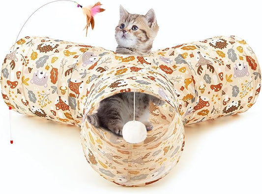 Tempcore Pet Cat Tunnel Tube Cat Toys 3 Way Collapsible, Cat Tunnels for Indoor Cats，Kitty Tunnel Bored Pet Toys Peek Hole Toy Ball Puppy, Kitty, Kitten, Rabbit Beige Deer