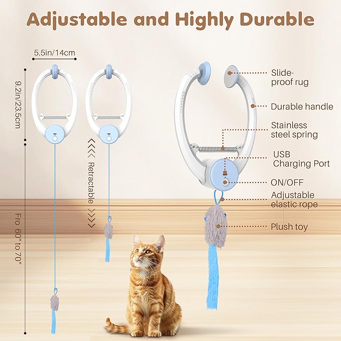 Interactive Cat Toys Rechargeable, Feather Toy for Indoor Cat, Hanging Retractable Teaser Toy, Automatic Kitten Play Chase Exercise Toys with Three Plush Mouse, USB Powered (Blue)