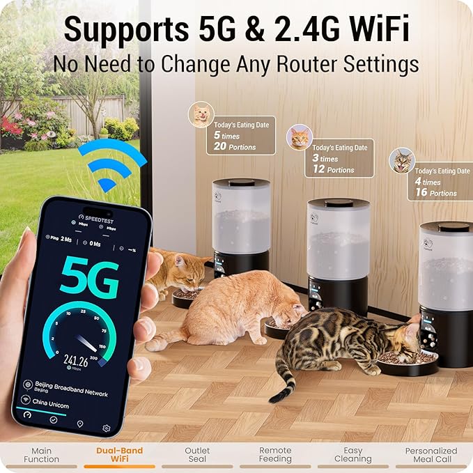 5L Automatic Cat Feeder with Sealed Outlet: 5G WiFi Automatic Dog Feeder with APP Control, Auto Cat Food Dispenser with Voice Recording for Pets, Detachable for Easy Clean - 21 Cup