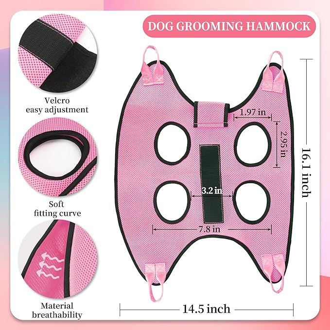 PatiencET Dog Grooming Hammock, Pet Grooming Hammock for Cats & Dogs with Security Strap, Dog Sling for Nail Trimming with Nail Clippers/Trimmer, Nail File, Pet Comb(Pink XS)